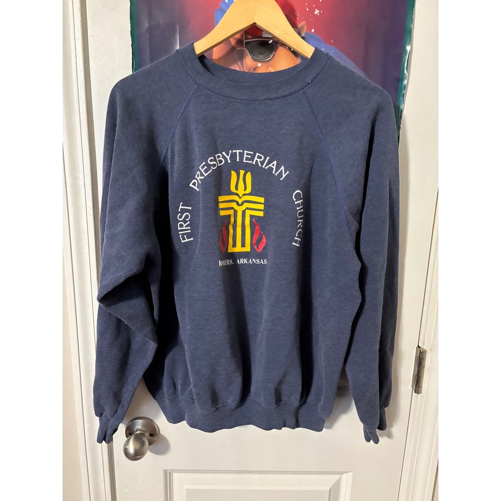Vintage Hanes First Presbyterian Church Crewneck Sweatshirt XL Blue Raglan 80s